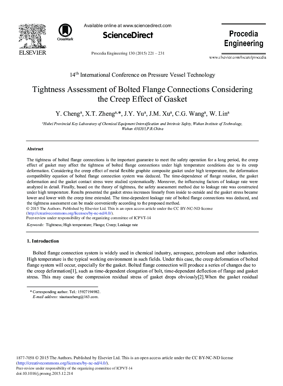 Tightness Assessment of Bolted Flange Connections Considering the Creep Effect of Gasket 
