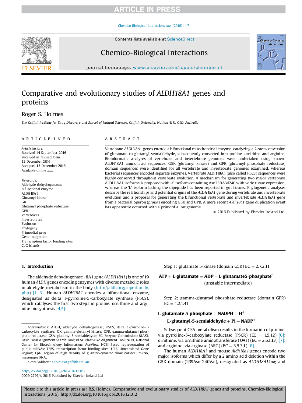 Comparative and evolutionary studies of ALDH18A1 genes and proteins