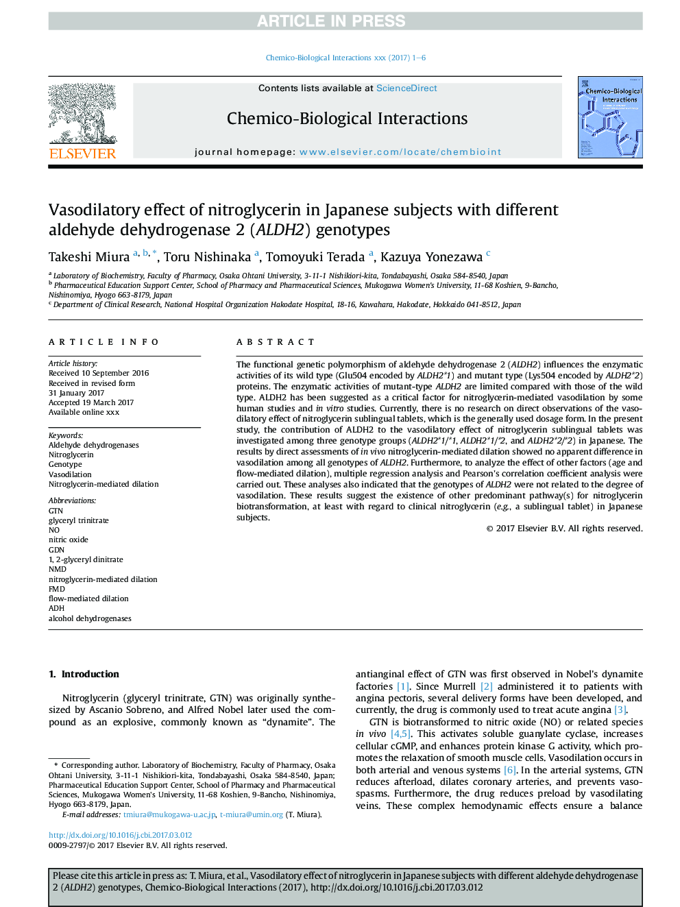 Vasodilatory effect of nitroglycerin in Japanese subjects with different aldehyde dehydrogenase 2 (ALDH2) genotypes