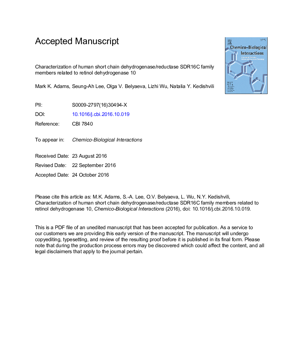 عکس صفحه اول مقاله: Characterization of human short chain dehydrogenase/reductase SDR16C family members related to retinol dehydrogenase 10 Characterization of human short chain dehydrogenase/reductase SDR16C family members related to retinol dehydrogenase 10
