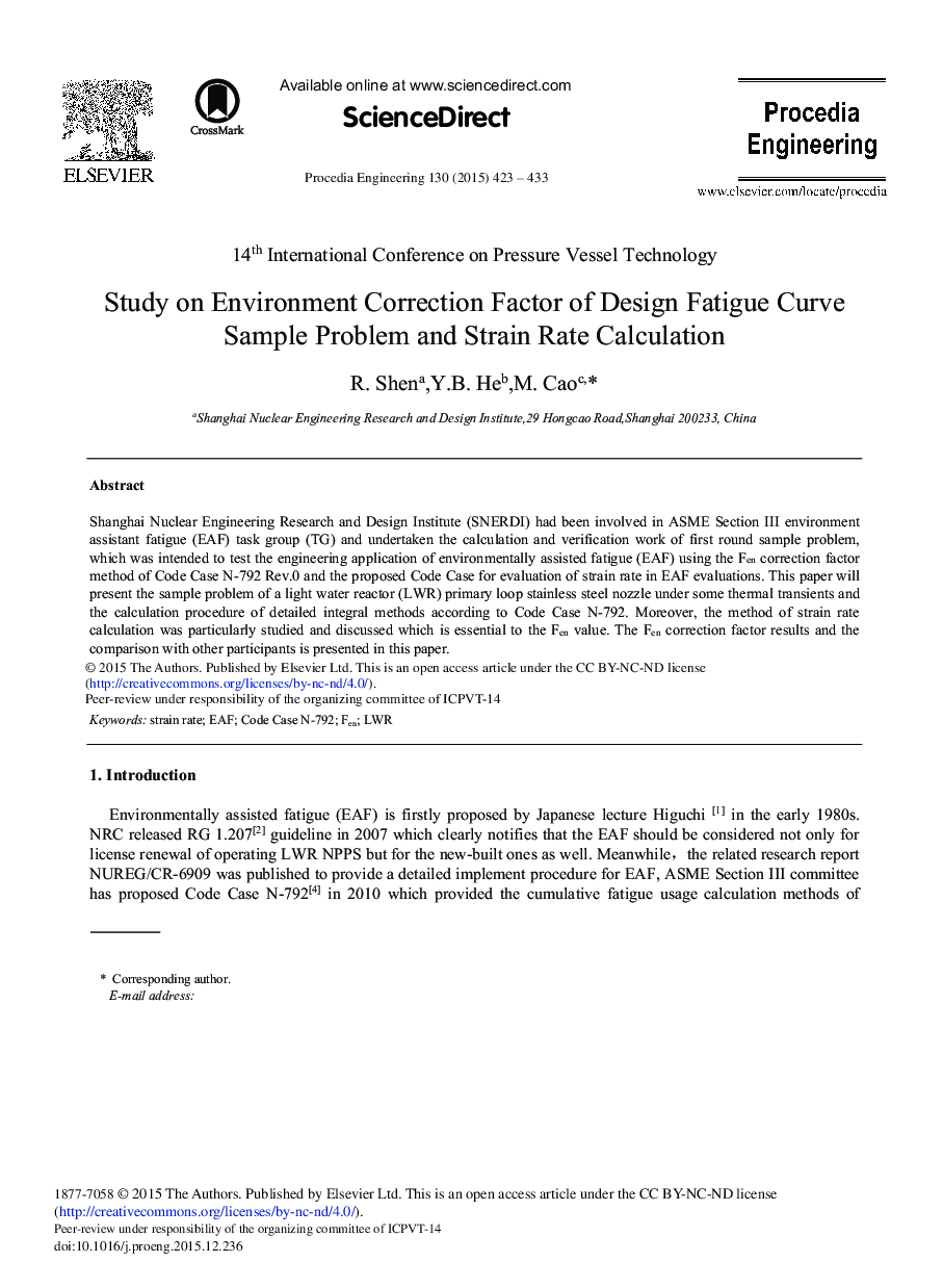 Study on Environment Correction Factor of Design Fatigue Curve Sample Problem and Strain Rate Calculation 