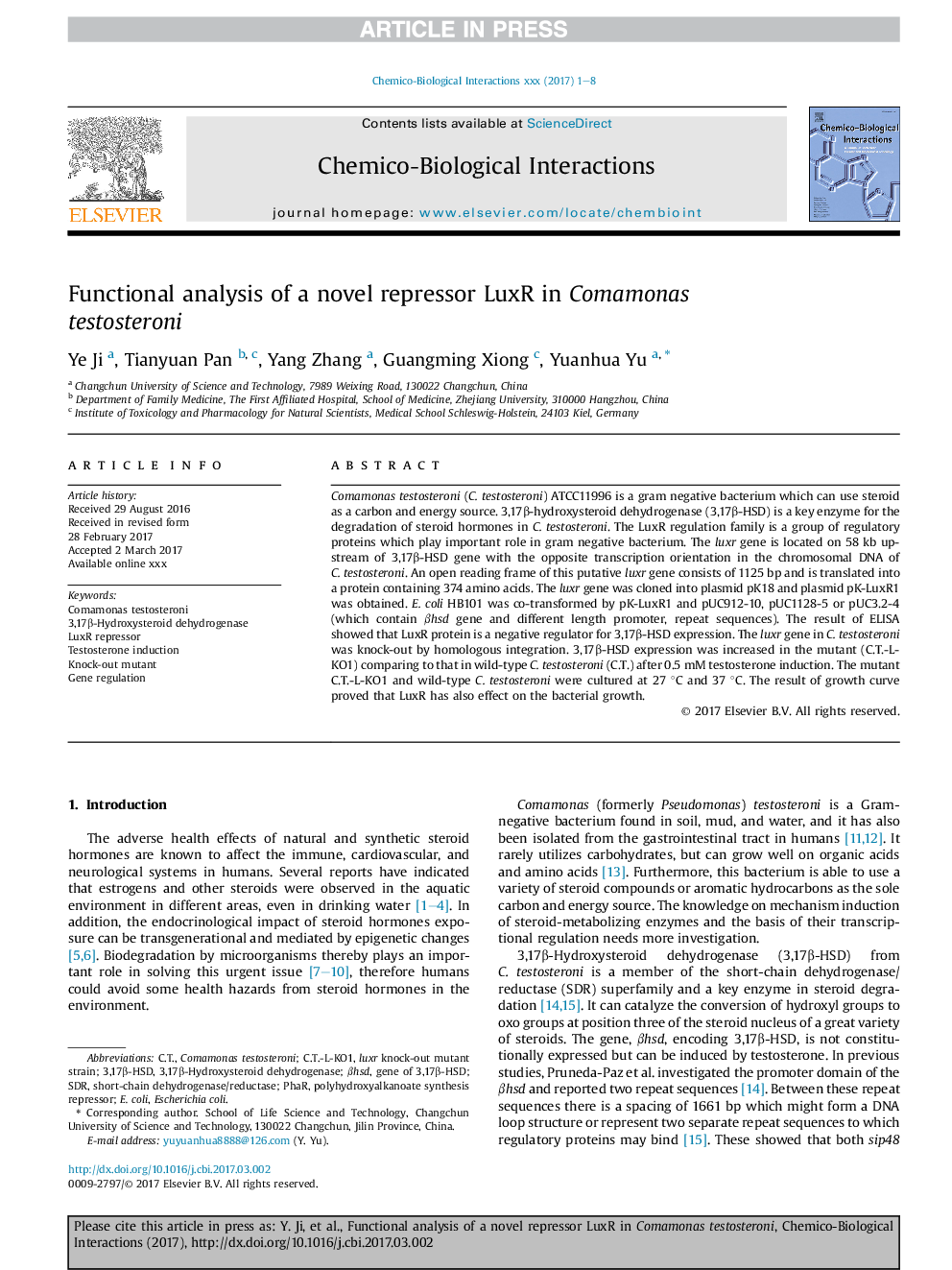 Functional analysis of a novel repressor LuxR in Comamonas testosteroni