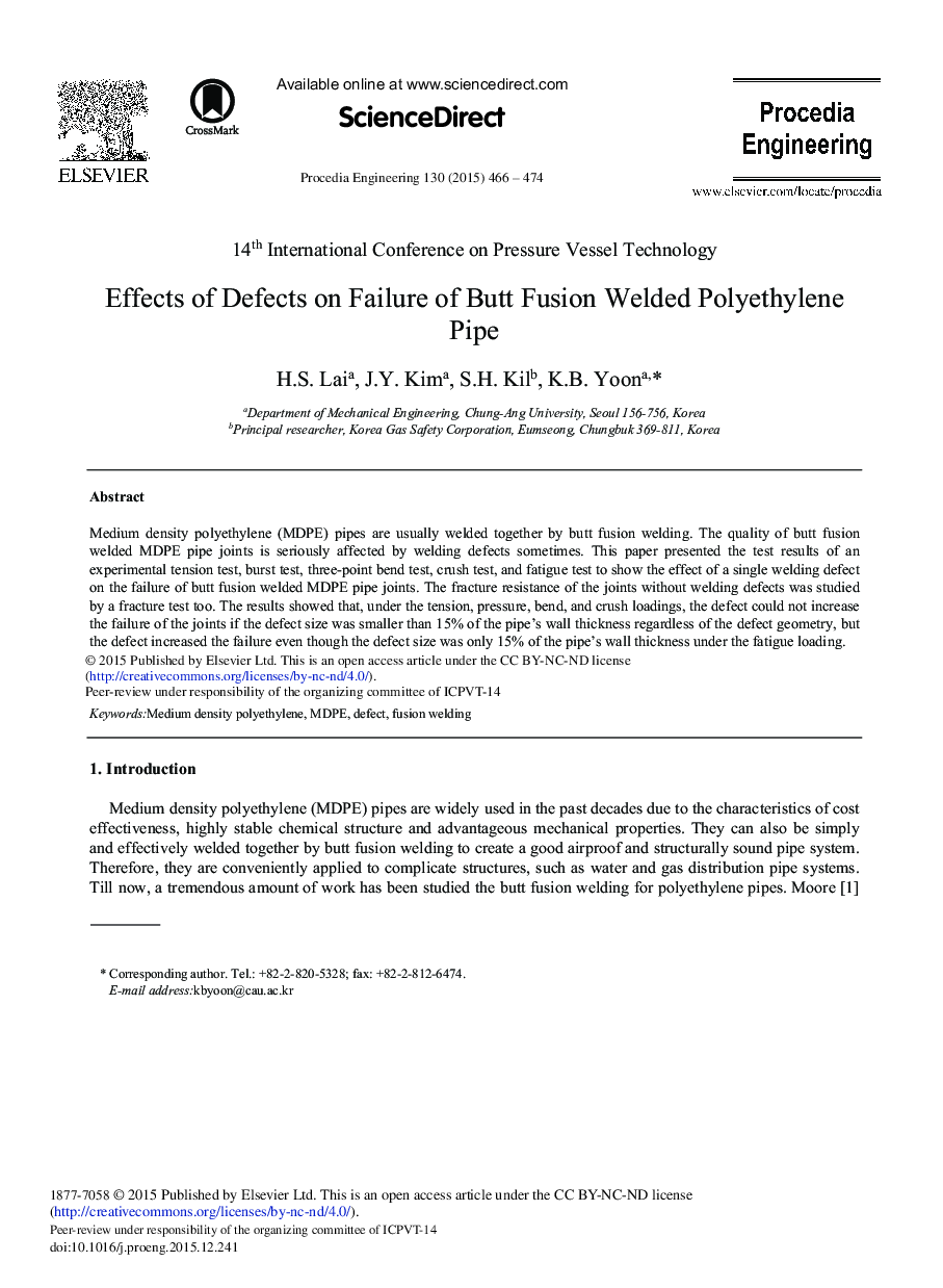 Effects of Defects on Failure of Butt Fusion Welded Polyethylene Pipe 