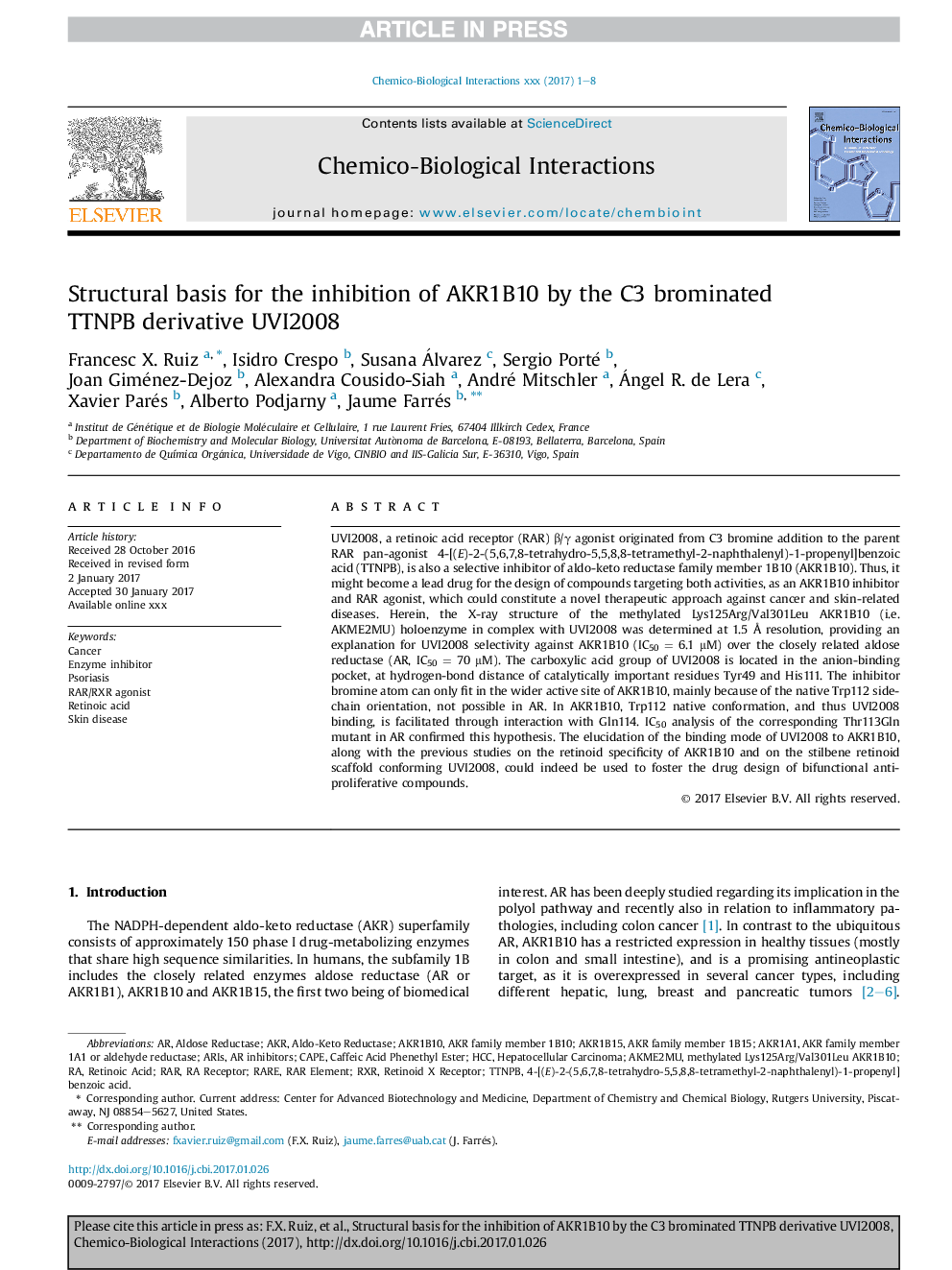 Structural basis for the inhibition of AKR1B10 by the C3 brominated TTNPB derivative UVI2008