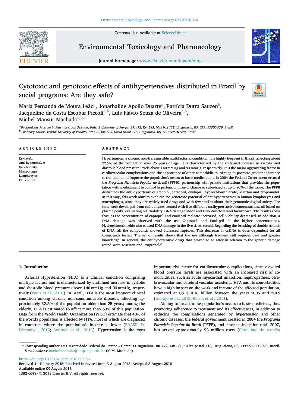 عکس صفحه اول مقاله: Cytotoxic and genotoxic effects of antihypertensives distributed in Brazil by social programs: Are they safe? Cytotoxic and genotoxic effects of antihypertensives distributed in Brazil by social programs: Are they safe?