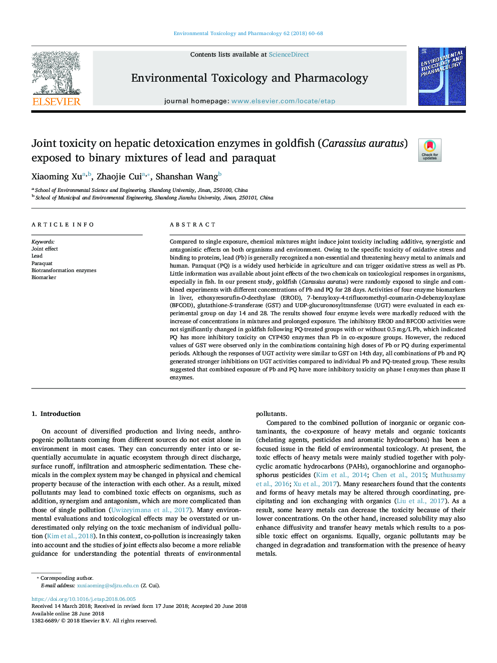 Joint toxicity on hepatic detoxication enzymes in goldfish (Carassius auratus) exposed to binary mixtures of lead and paraquat