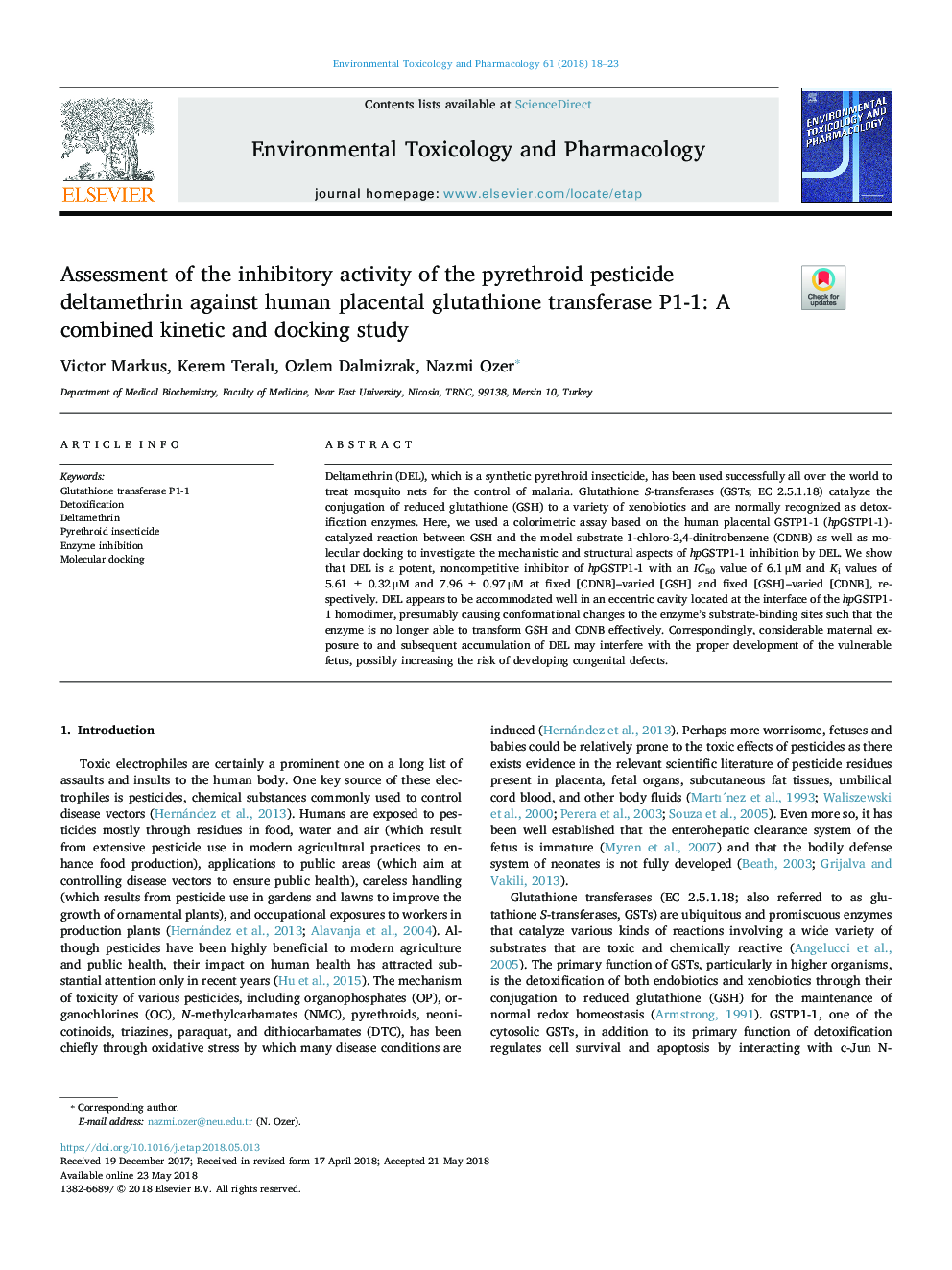 Assessment of the inhibitory activity of the pyrethroid pesticide deltamethrin against human placental glutathione transferase P1-1: A combined kinetic and docking study