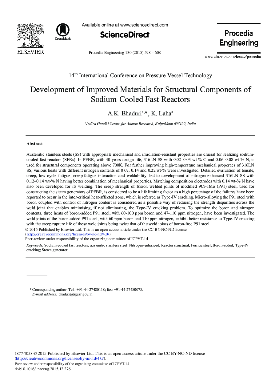 Development of Improved Materials for Structural Components of Sodium-Cooled Fast Reactors 