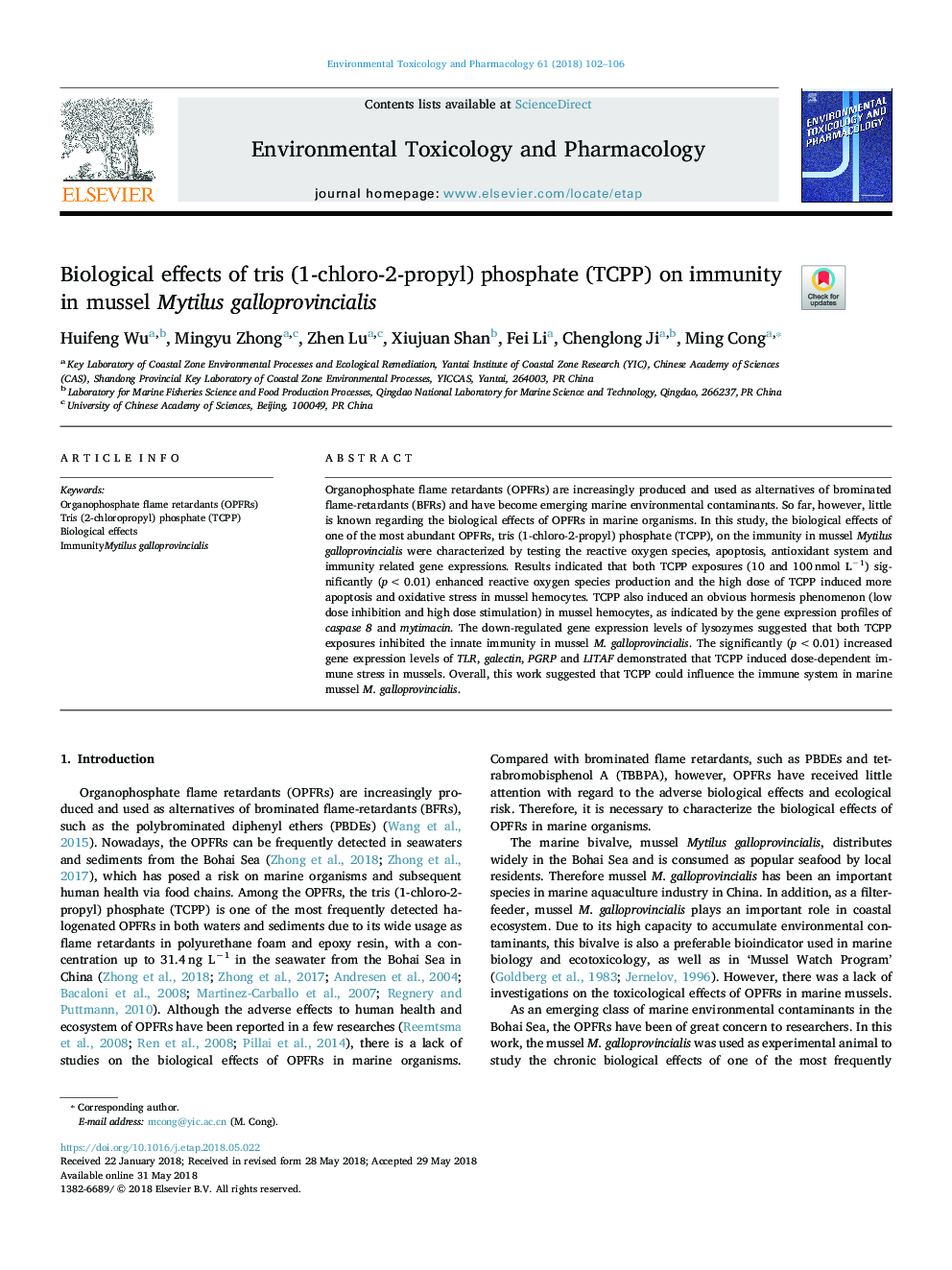 Biological effects of tris (1-chloro-2-propyl) phosphate (TCPP) on immunity in mussel Mytilus galloprovincialis