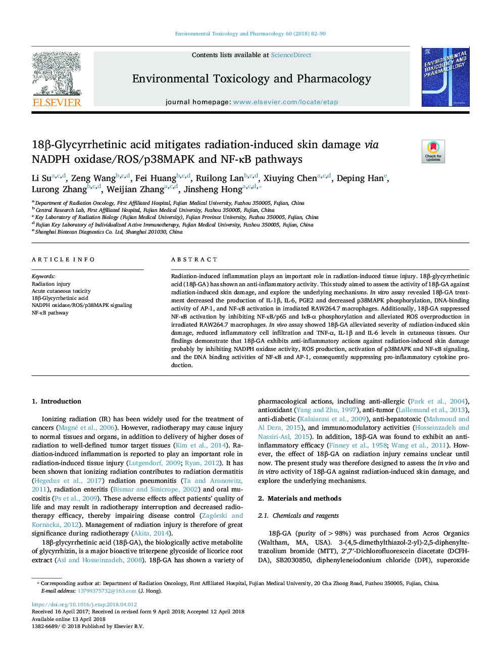 18Î²-Glycyrrhetinic acid mitigates radiation-induced skin damage via NADPH oxidase/ROS/p38MAPK and NF-ÎºB pathways