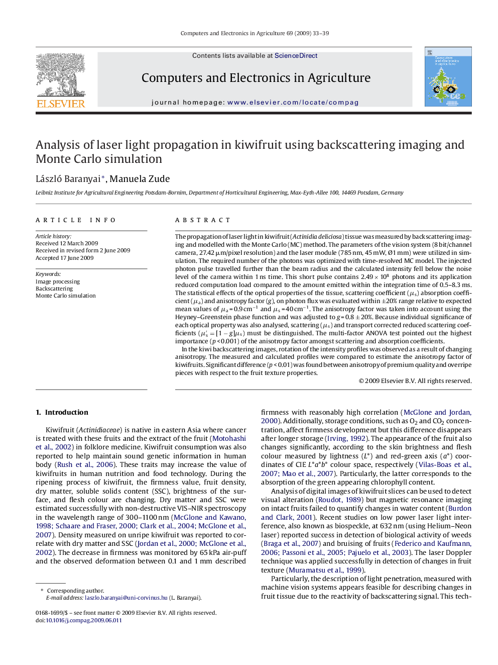 Analysis of laser light propagation in kiwifruit using backscattering imaging and Monte Carlo simulation