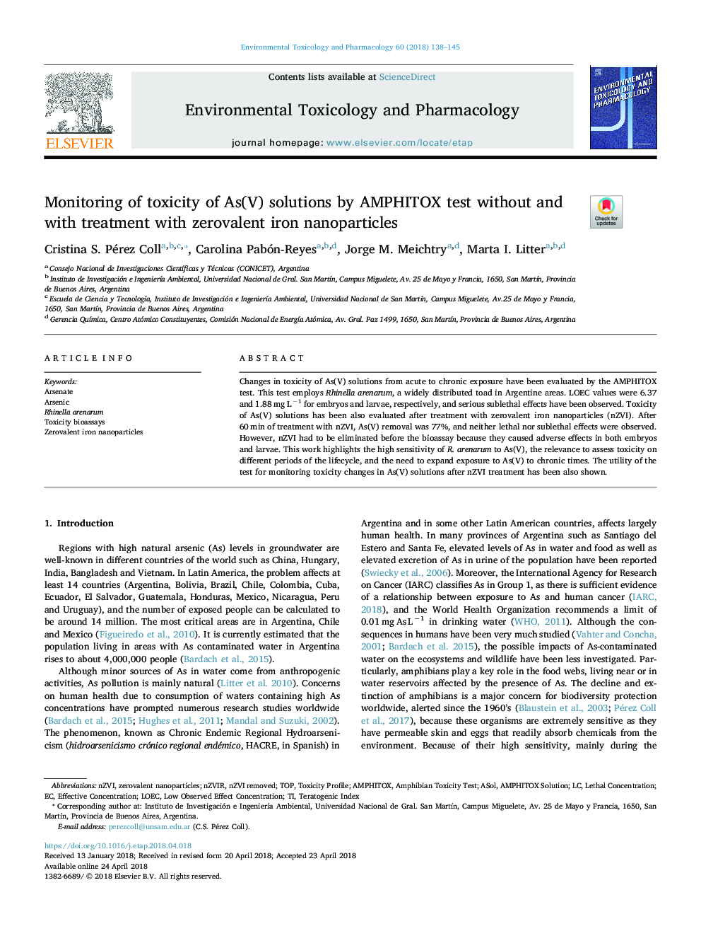 Monitoring of toxicity of As(V) solutions by AMPHITOX test without and with treatment with zerovalent iron nanoparticles