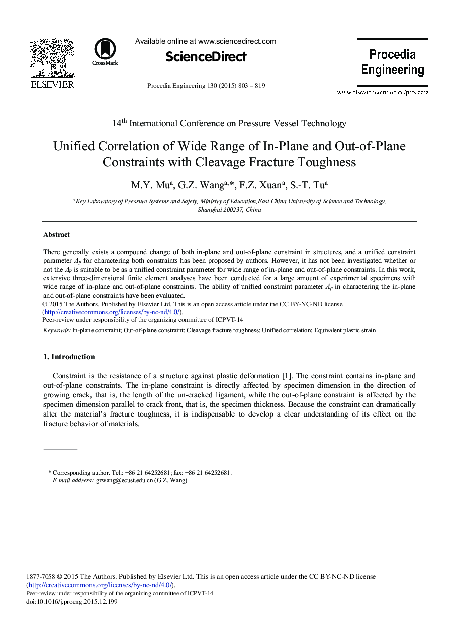 Unified Correlation of Wide Range of In-Plane and Out-of-Plane Constraints with Cleavage Fracture Toughness 