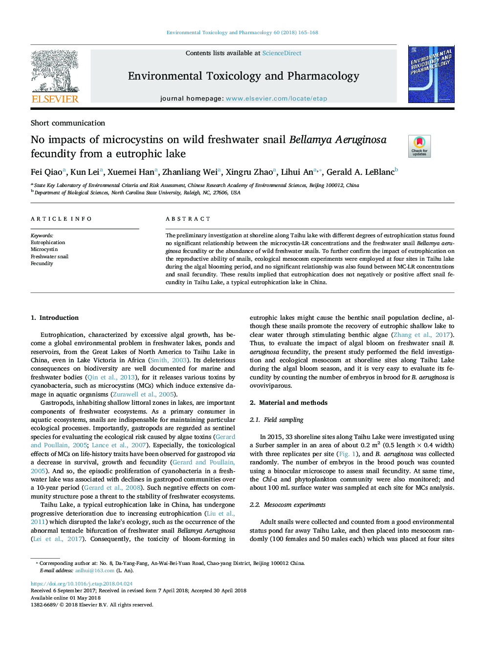 No impacts of microcystins on wild freshwater snail Bellamya Aeruginosa fecundity from a eutrophic lake