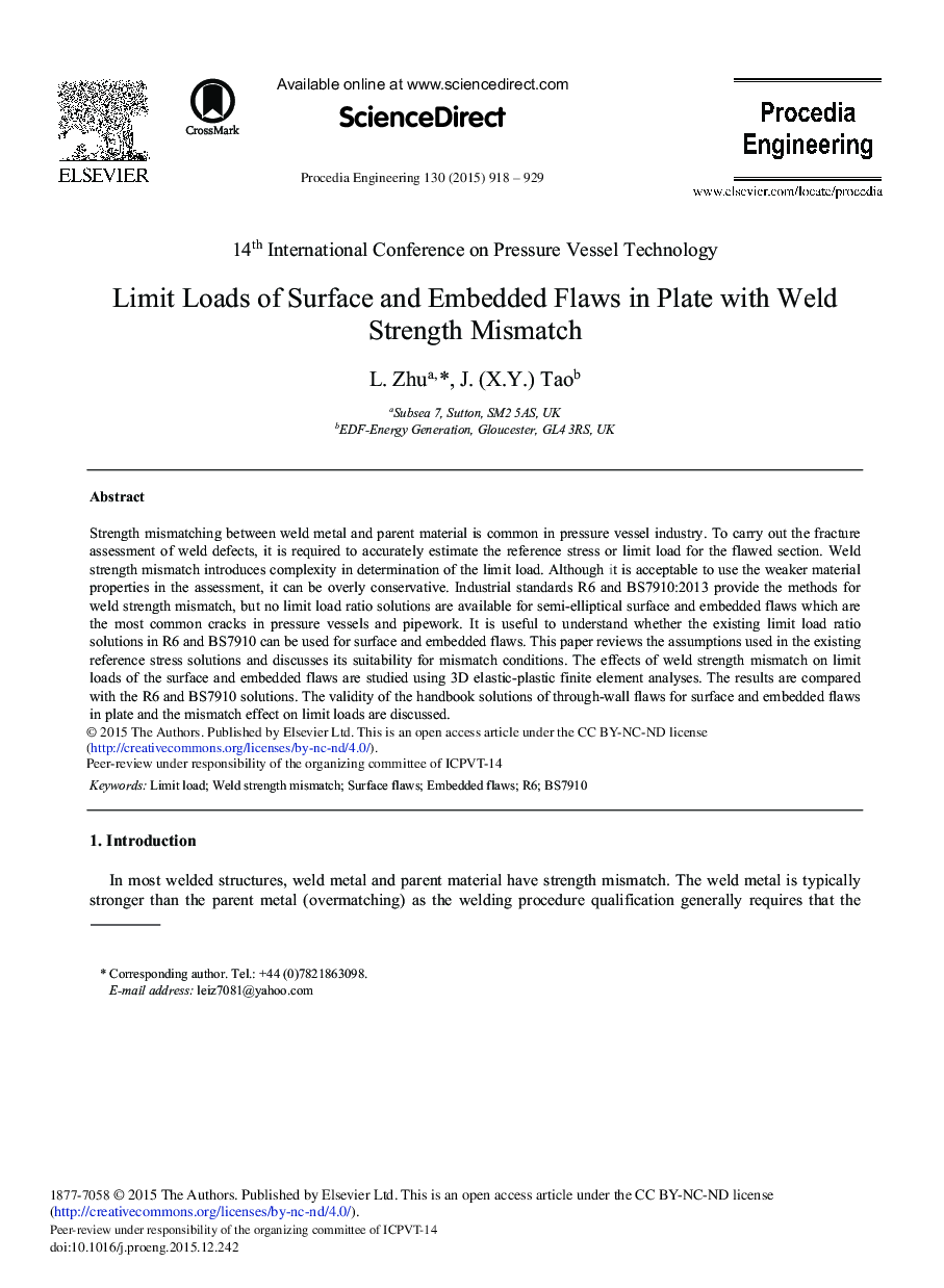 Limit Loads of Surface and Embedded Flaws in Plate with Weld Strength Mismatch 