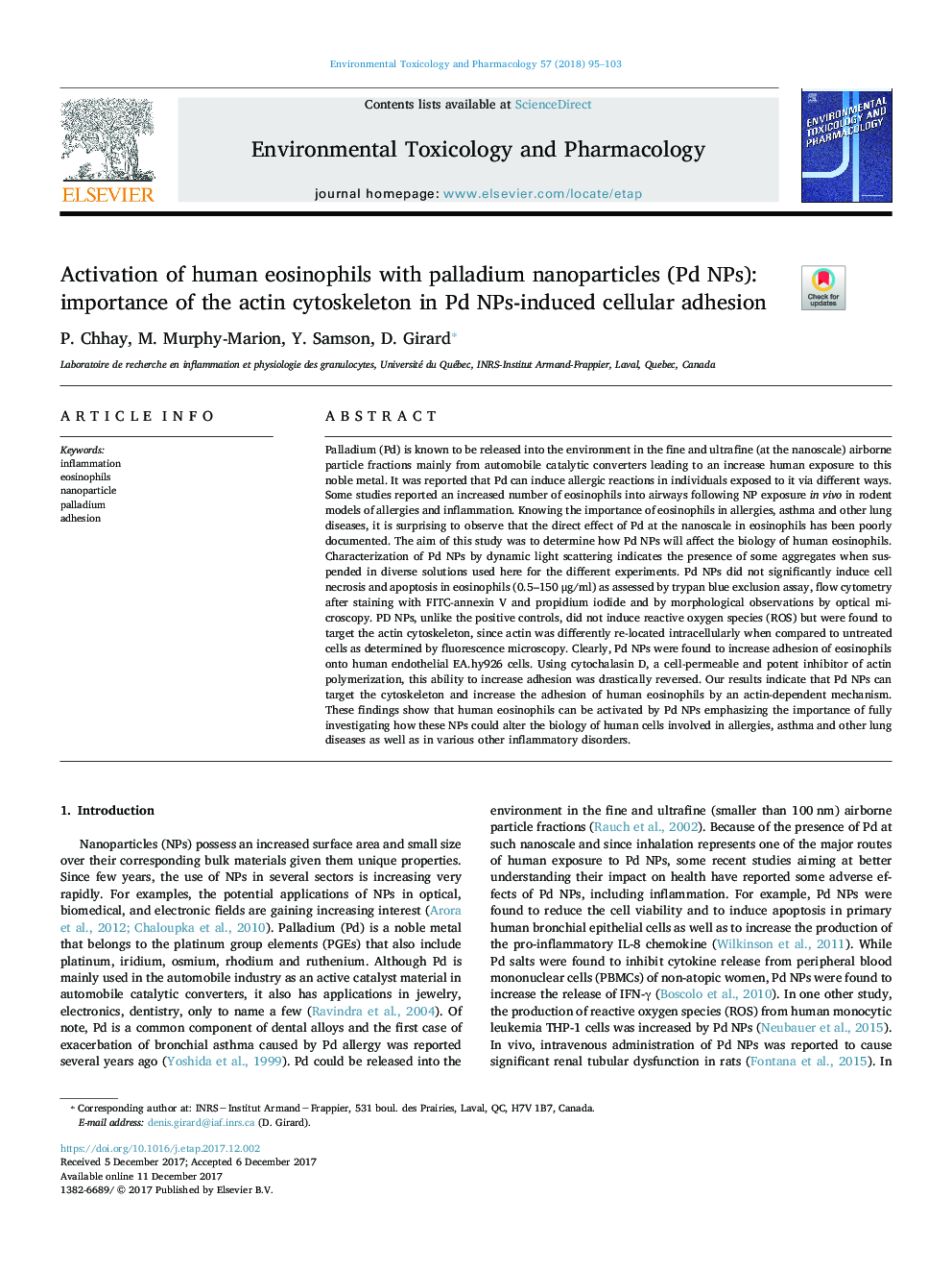 Activation of human eosinophils with palladium nanoparticles (Pd NPs): importance of the actin cytoskeleton in Pd NPs-induced cellular adhesion