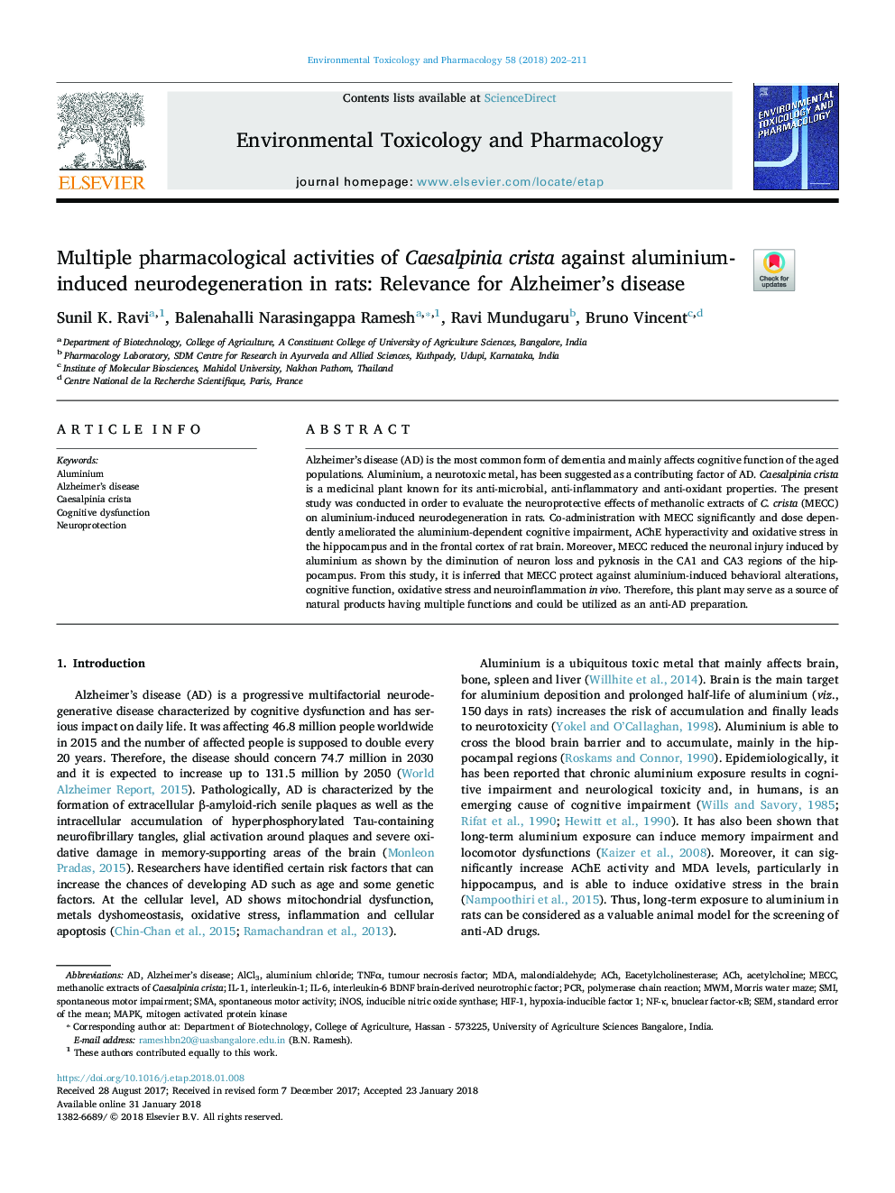 Multiple pharmacological activities of Caesalpinia crista against aluminium-induced neurodegeneration in rats: Relevance for Alzheimer's disease