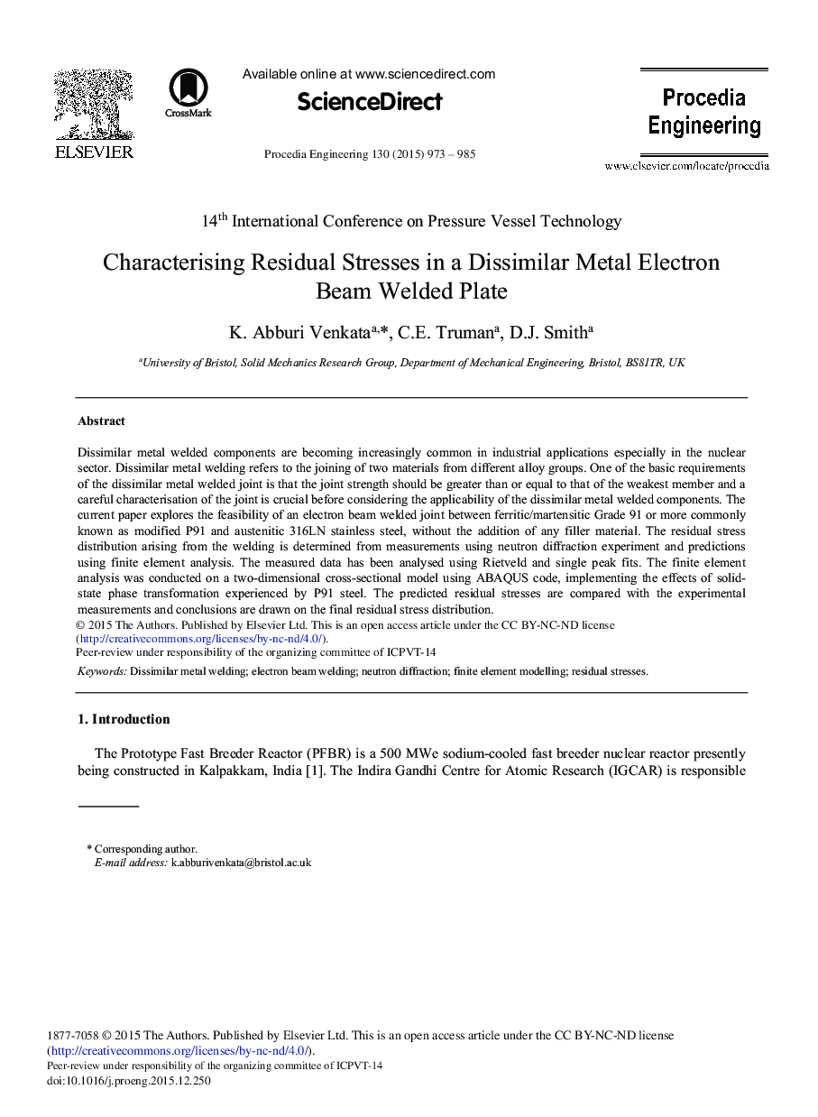 Characterising Residual Stresses in a Dissimilar Metal Electron Beam Welded Plate 
