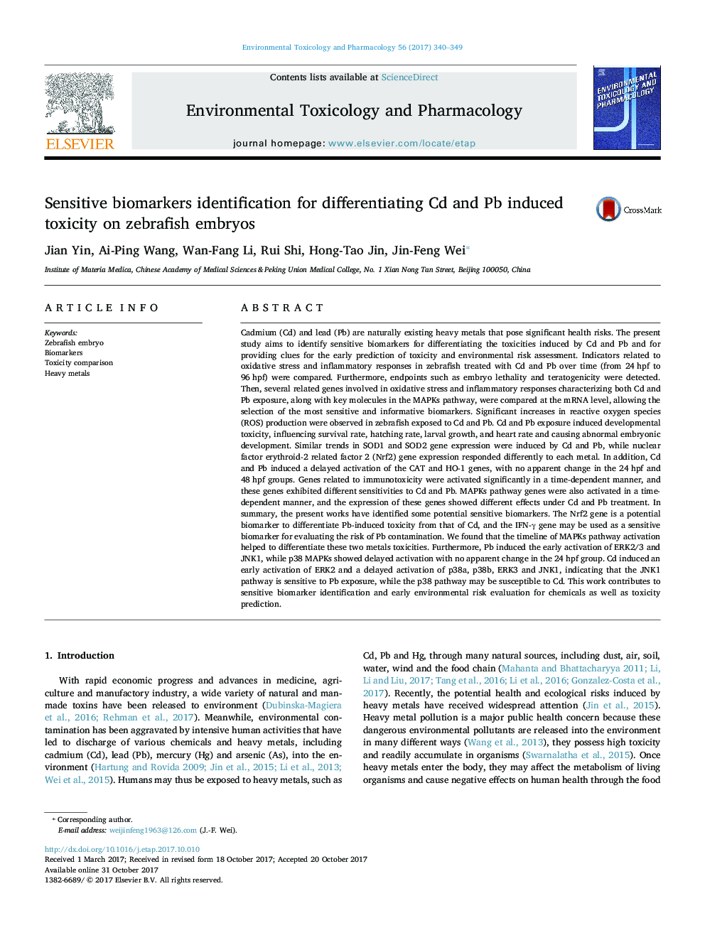 Sensitive biomarkers identification for differentiating Cd and Pb induced toxicity on zebrafish embryos