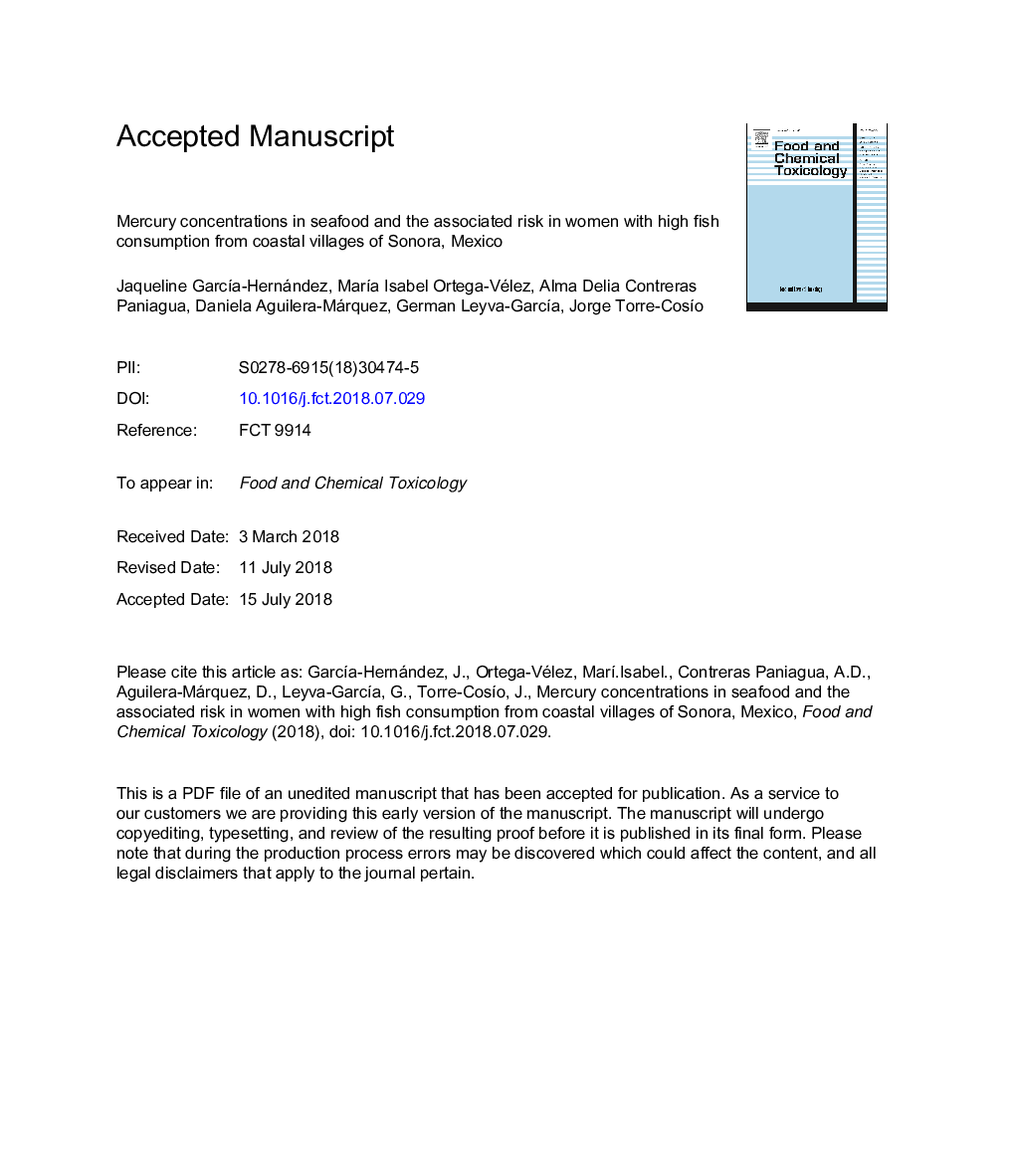 عکس صفحه اول مقاله: Mercury concentrations in seafood and the associated risk in women with high fish consumption from coastal villages of Sonora, Mexico Mercury concentrations in seafood and the associated risk in women with high fish consumption from coastal villages of Sonora, Mexico