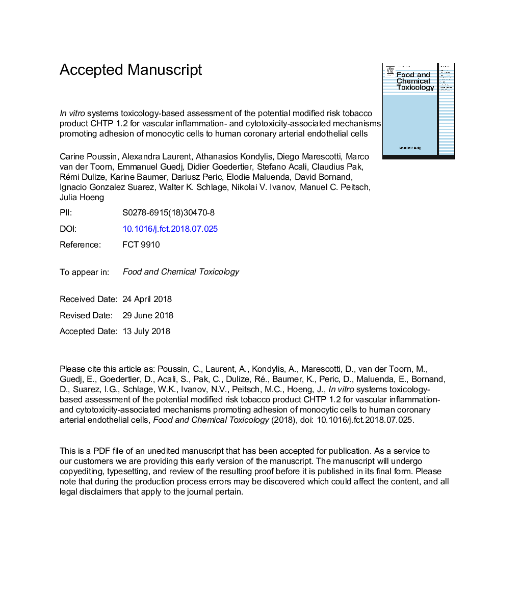 In vitro systems toxicology-based assessment of the potential modified risk tobacco product CHTP 1.2 for vascular inflammation- and cytotoxicity-associated mechanisms promoting adhesion of monocytic cells to human coronary arterial endothelial cells