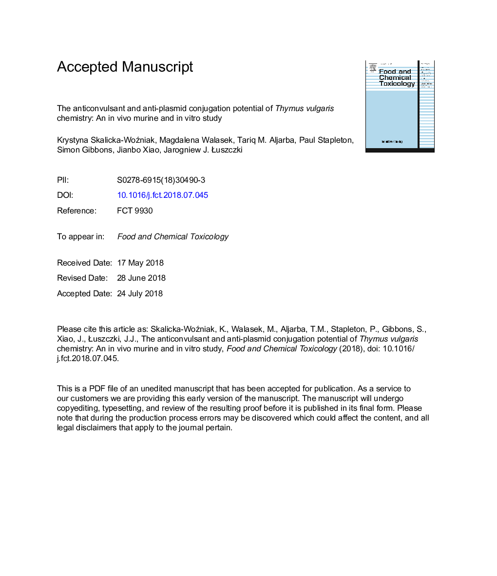 The anticonvulsant and anti-plasmid conjugation potential of Thymus vulgaris chemistry: An in vivo murine and in vitro study