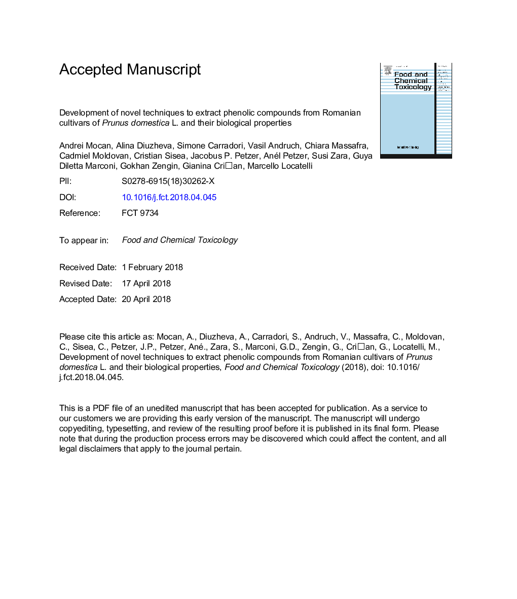 Development of novel techniques to extract phenolic compounds from Romanian cultivars of Prunus domestica L. and their biological properties