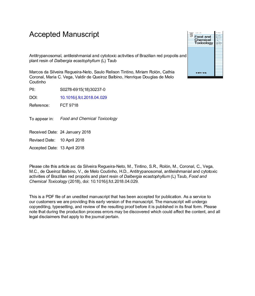 Antitrypanosomal, antileishmanial and cytotoxic activities of Brazilian red propolis and plant resin of Dalbergia ecastaphyllum (L) Taub