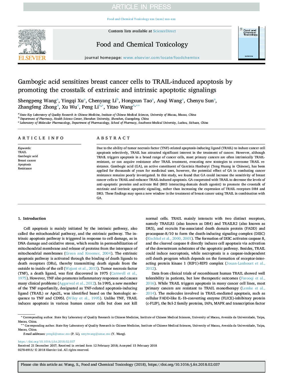 Gambogic acid sensitizes breast cancer cells to TRAIL-induced apoptosis by promoting the crosstalk of extrinsic and intrinsic apoptotic signalings