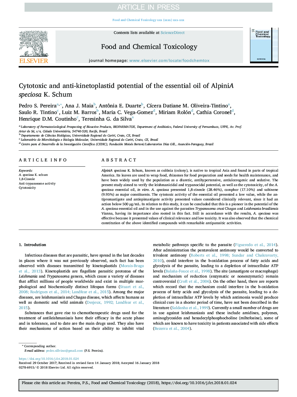 Cytotoxic and anti-kinetoplastid potential of the essential oil of Alpinia speciosa K. Schum