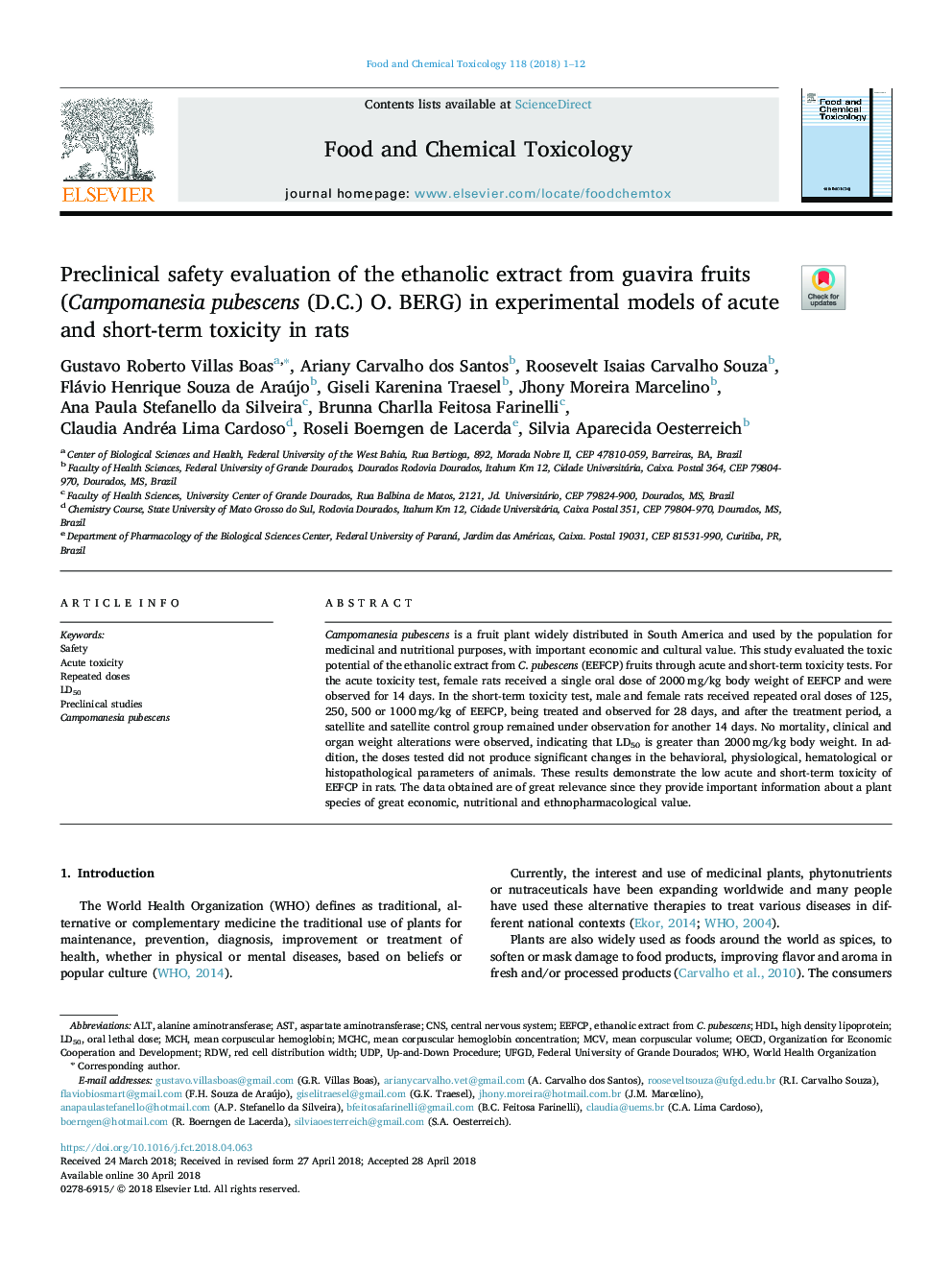 Preclinical safety evaluation of the ethanolic extract from guavira fruits (Campomanesia pubescens (D.C.) O. BERG) in experimental models of acute and short-term toxicity in rats