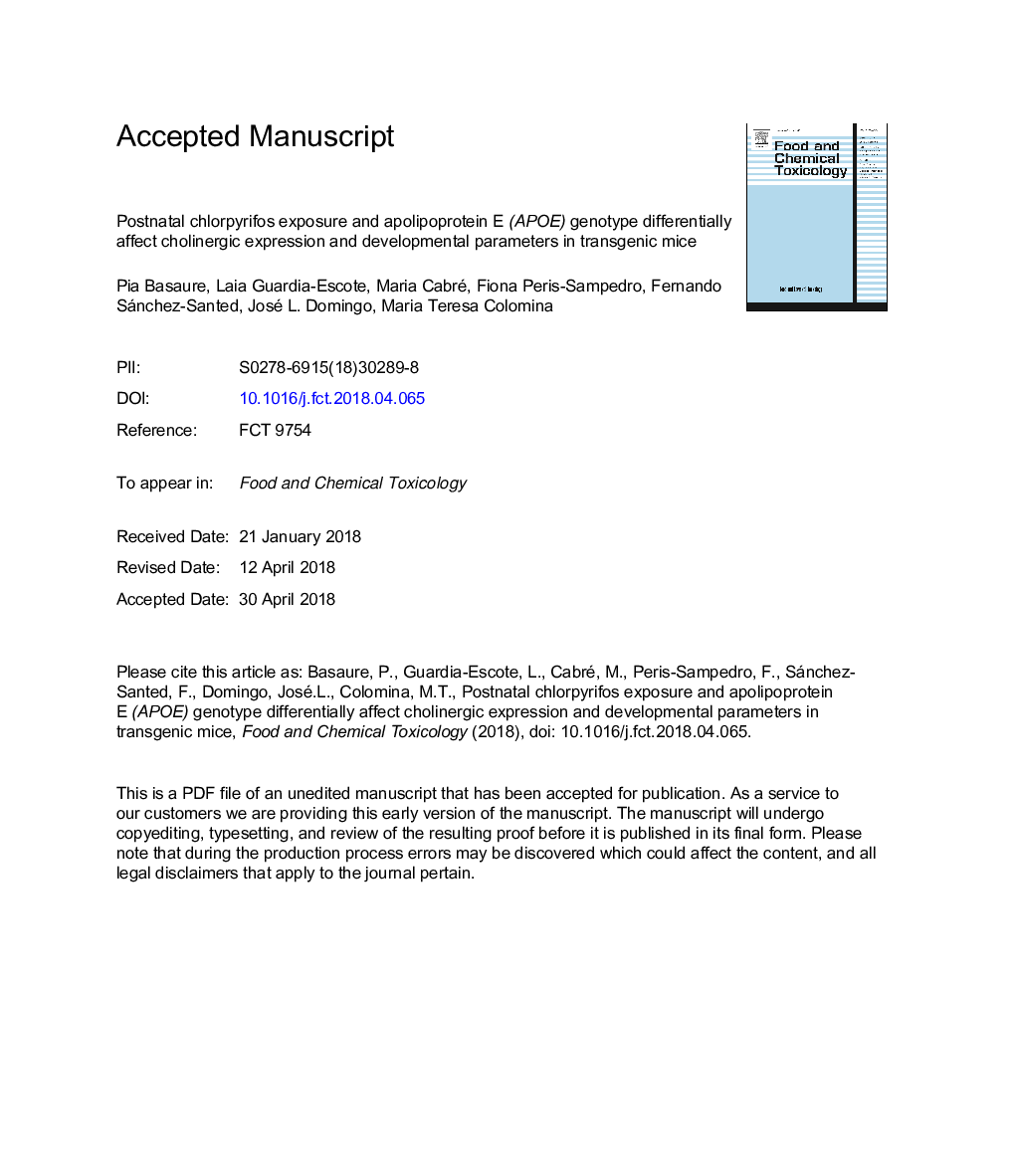 Postnatal chlorpyrifos exposure and apolipoprotein E (APOE) genotype differentially affect cholinergic expression and developmental parameters in transgenic mice