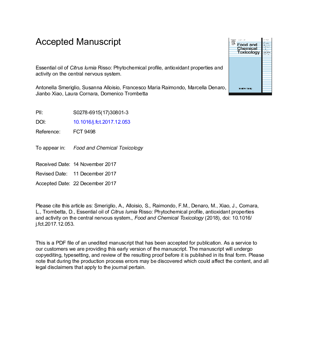 Essential oil of Citrus lumia Risso: Phytochemical profile, antioxidant properties and activity on the central nervous system