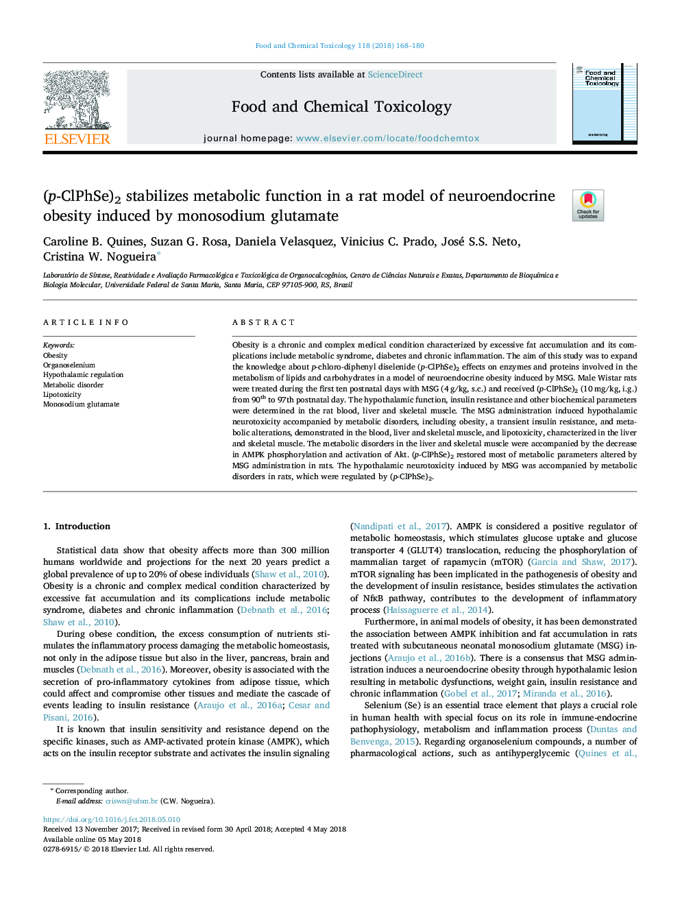 (p-ClPhSe)2 stabilizes metabolic function in a rat model of neuroendocrine obesity induced by monosodium glutamate