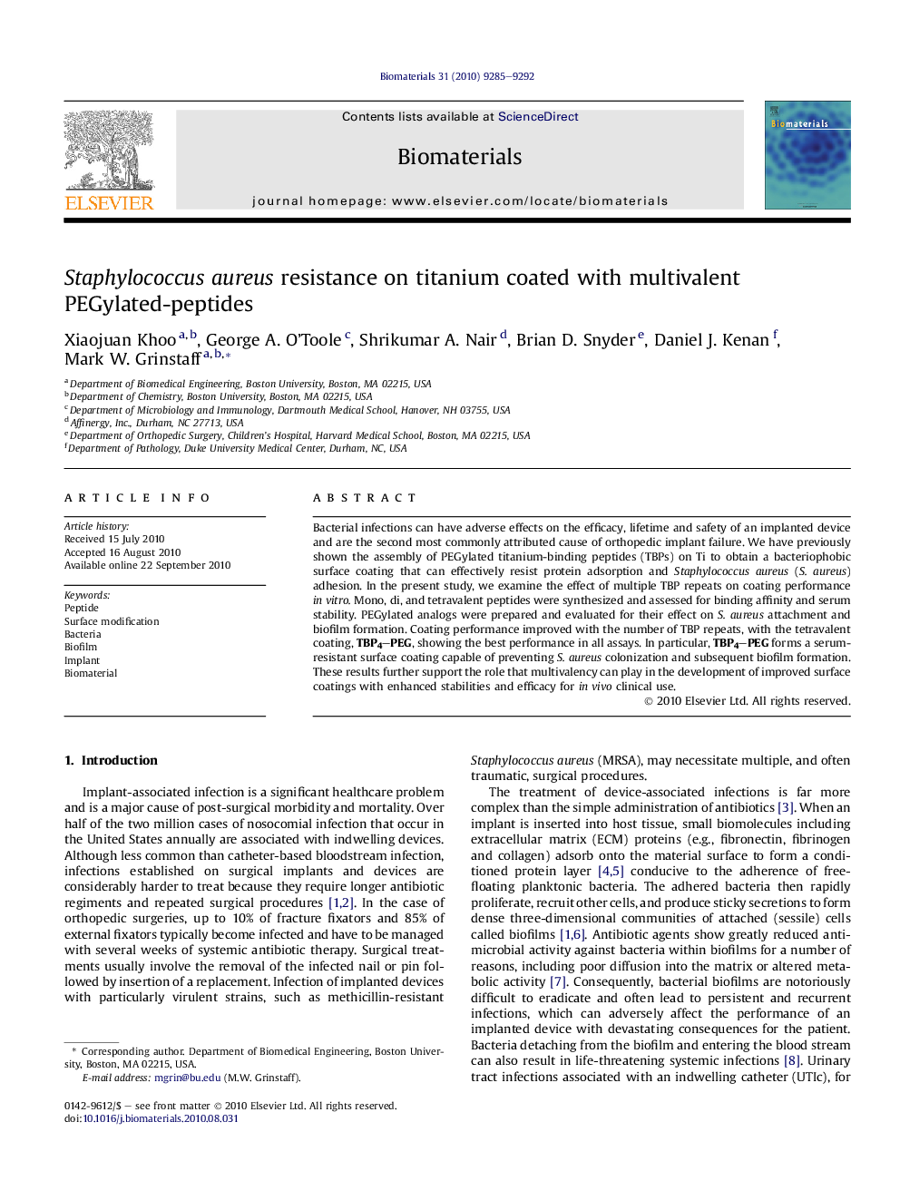 Staphylococcus aureus resistance on titanium coated with multivalent PEGylated-peptides