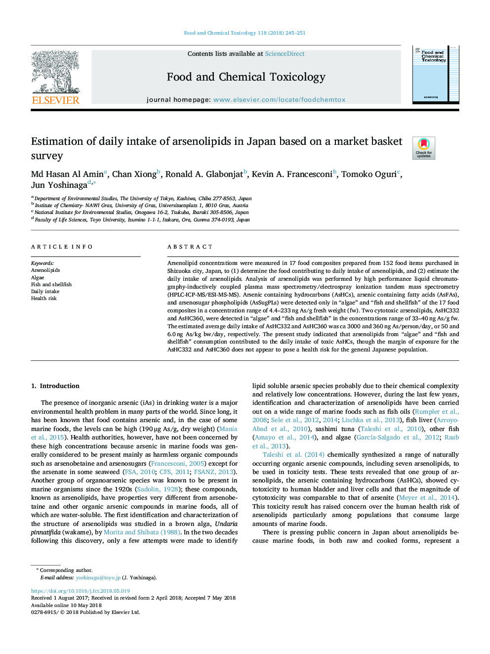 Estimation of daily intake of arsenolipids in Japan based on a market basket survey