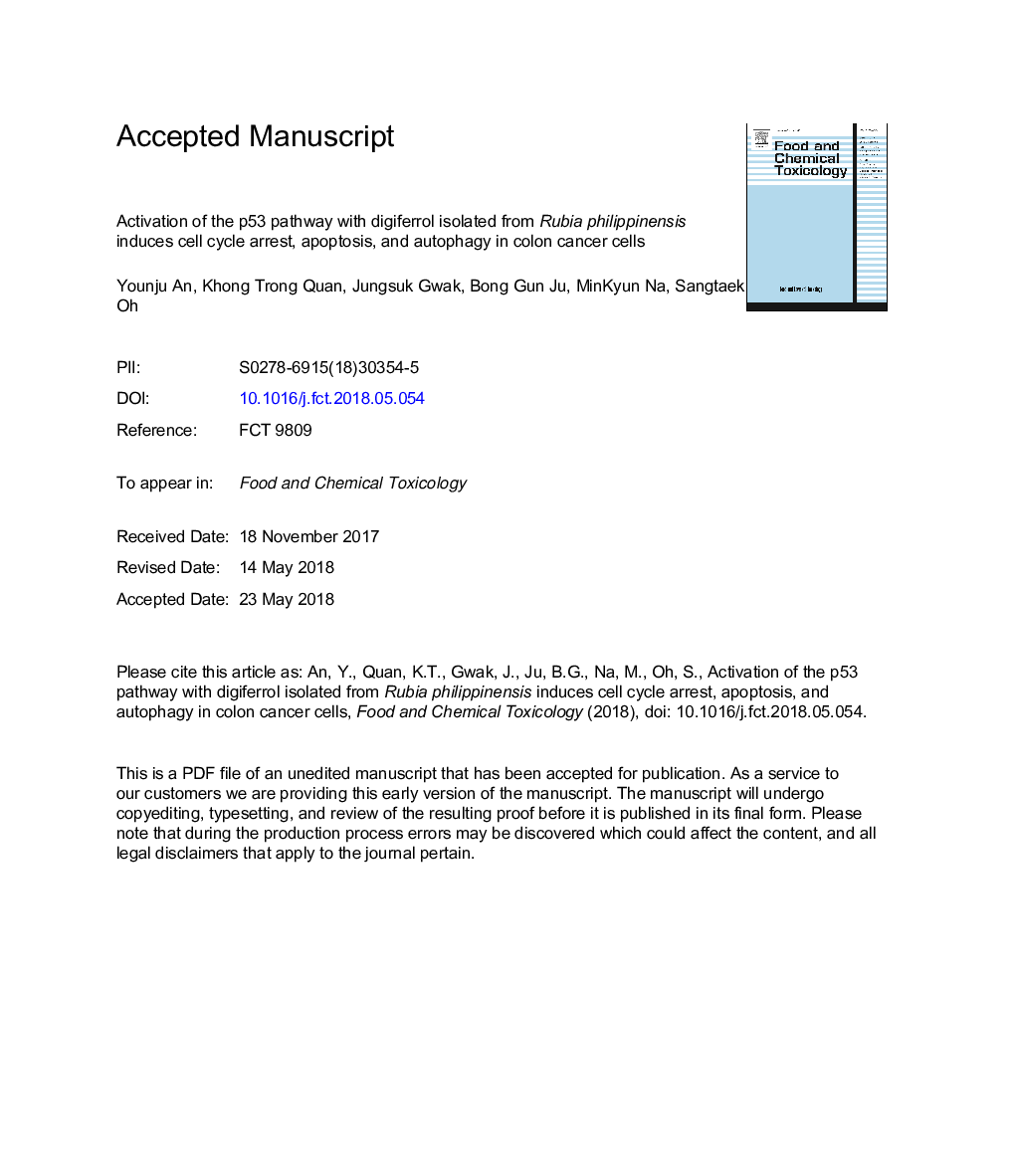 Activation of the p53 pathway with digiferrol isolated from Rubia philippinensis induces cell cycle arrest, apoptosis, and autophagy in colon cancer cells