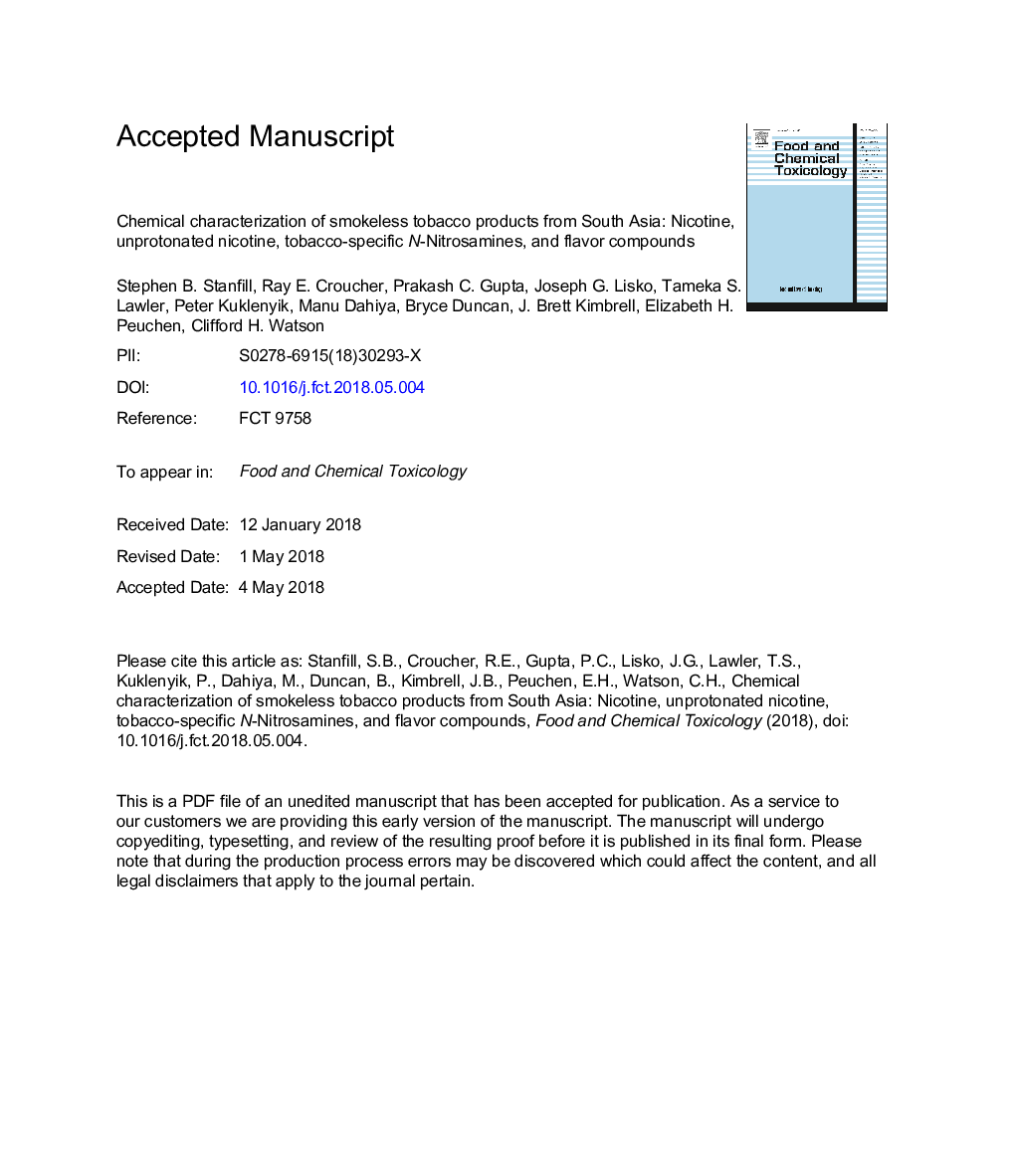 Chemical characterization of smokeless tobacco products from South Asia: Nicotine, unprotonated nicotine, tobacco-specific Nâ²-Nitrosamines, and flavor compounds