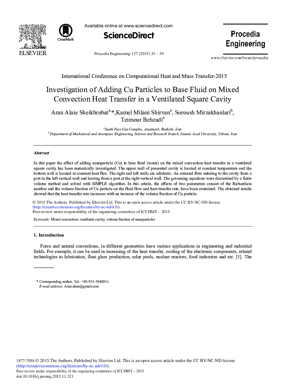 Investigation of Adding Cu Particles to Base Fluid on Mixed Convection Heat Transfer in a Ventilated Square Cavity 