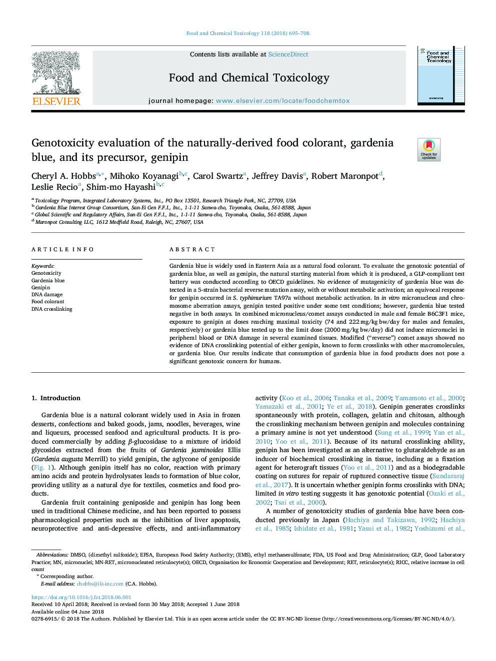 Genotoxicity evaluation of the naturally-derived food colorant, gardenia blue, and its precursor, genipin