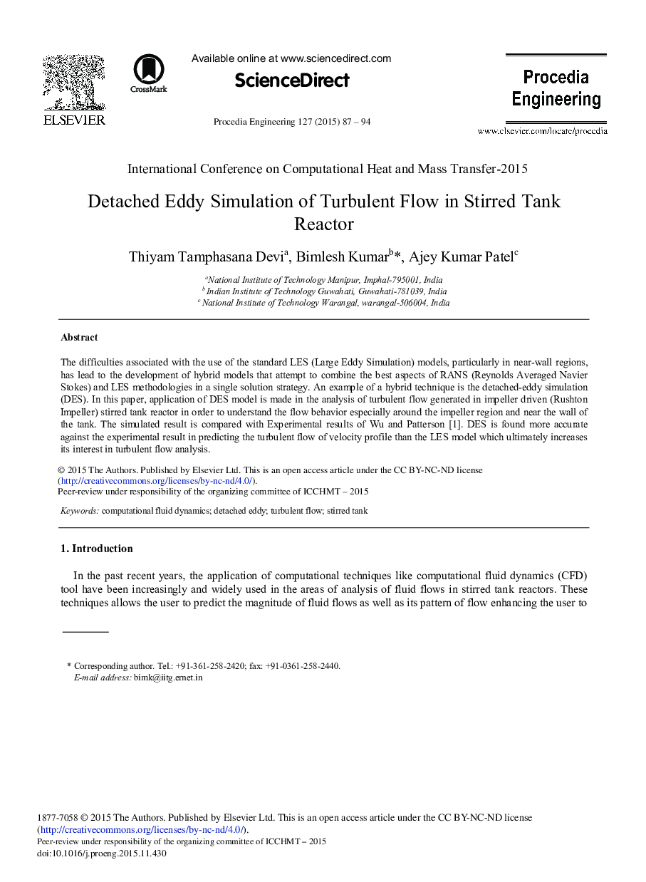 Detached Eddy Simulation of Turbulent Flow in Stirred Tank Reactor 