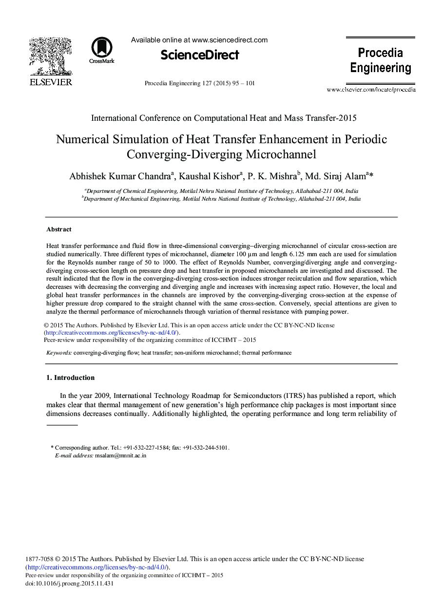 Numerical Simulation of Heat Transfer Enhancement in Periodic Converging-diverging Microchannel 