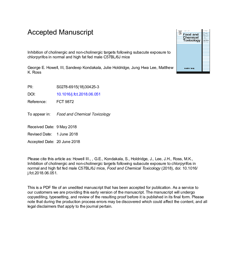 Inhibition of cholinergic and non-cholinergic targets following subacute exposure to chlorpyrifos in normal and high fat fed male C57BL/6J mice