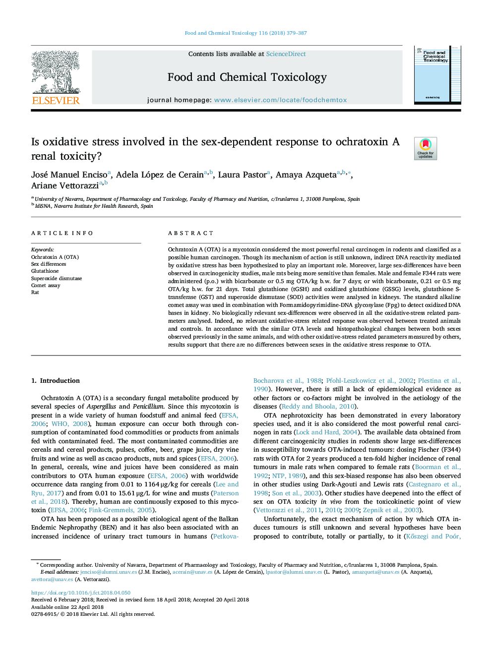 Is oxidative stress involved in the sex-dependent response to ochratoxin A renal toxicity?