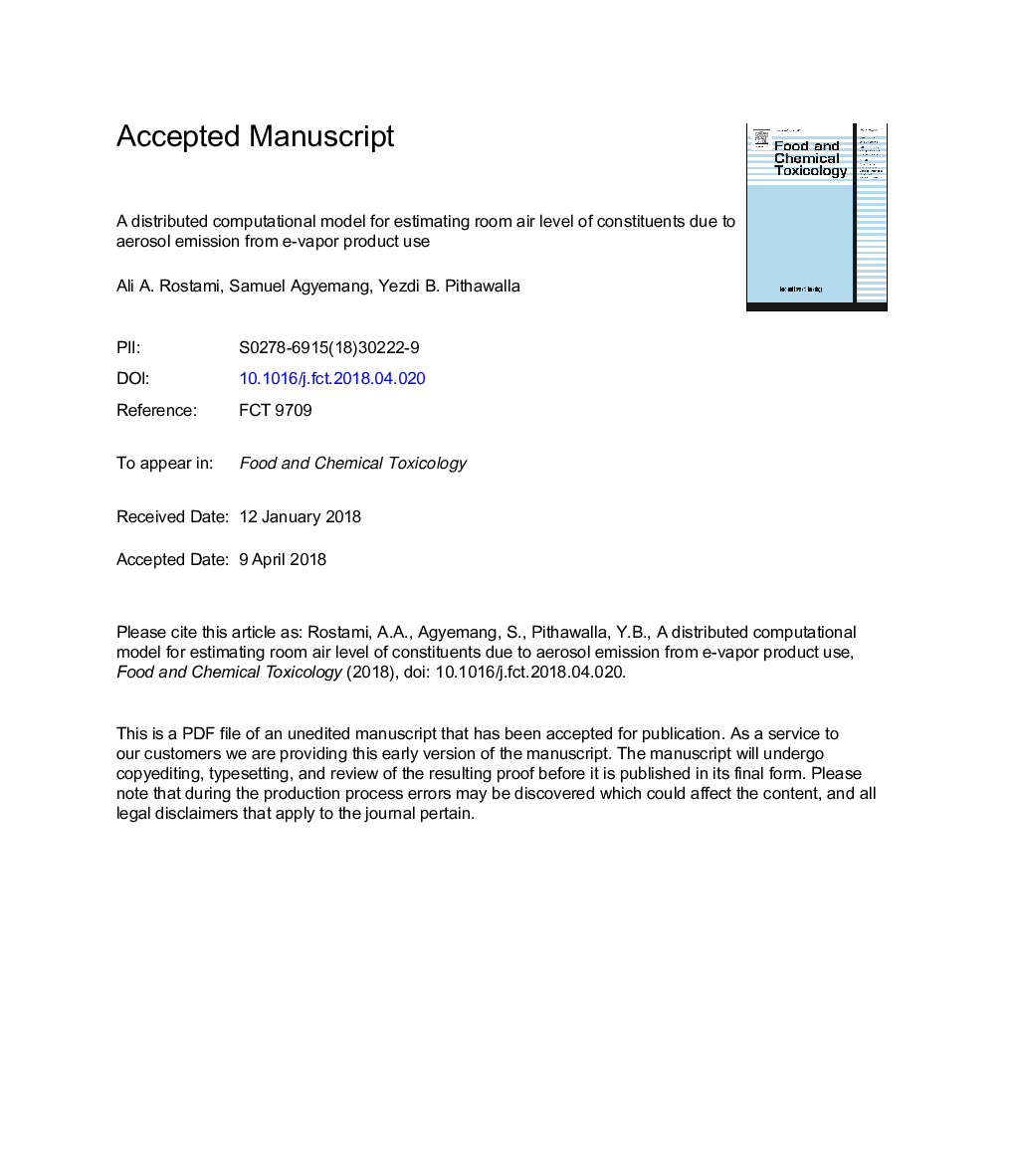 A distributed computational model for estimating room air level of constituents due to aerosol emission from e-vapor product use