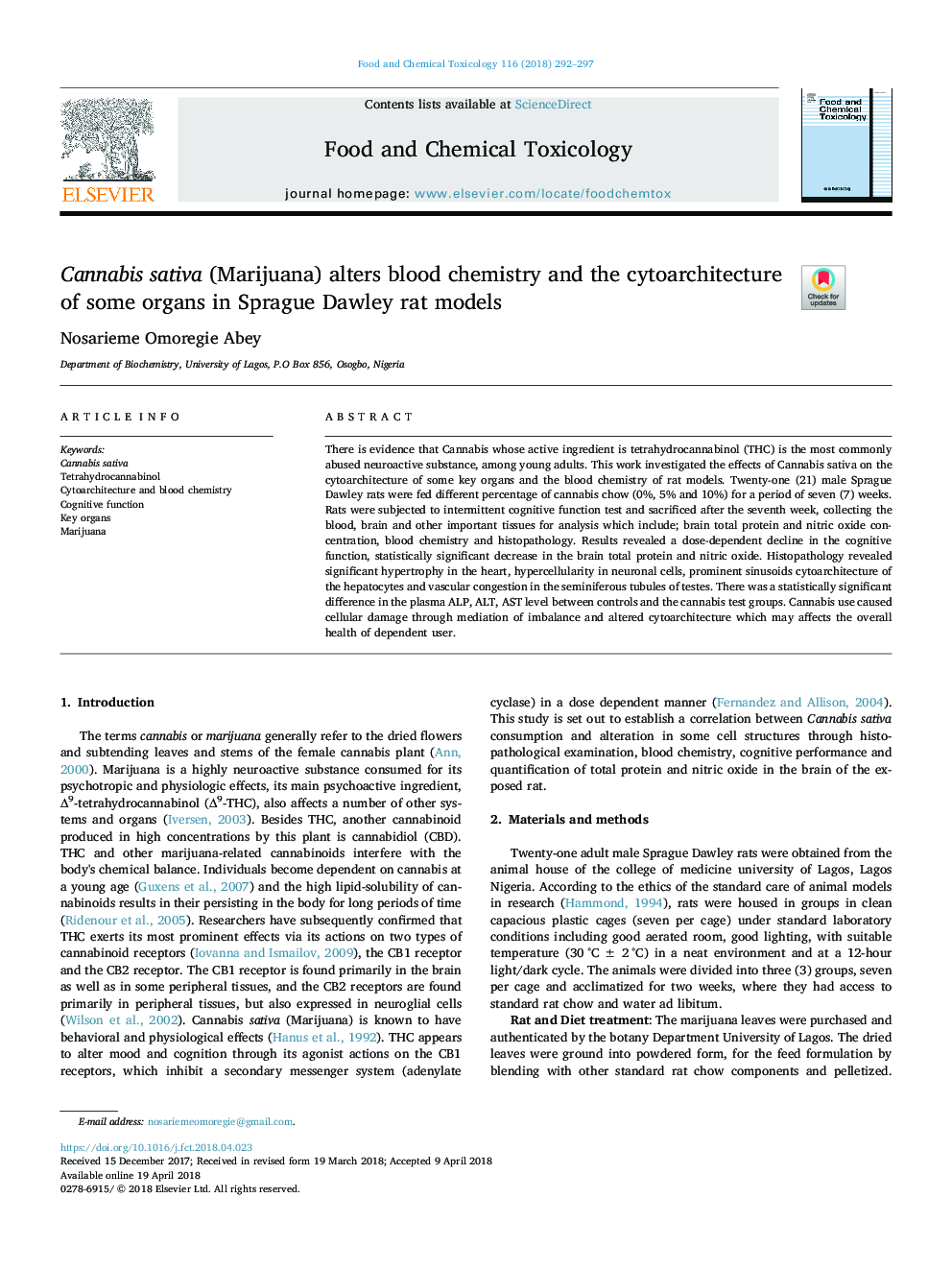 Cannabis sativa (Marijuana) alters blood chemistry and the cytoarchitecture of some organs in Sprague Dawley rat models