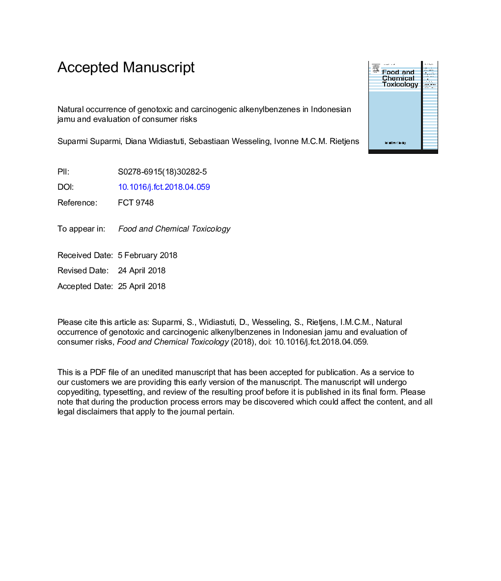 Natural occurrence of genotoxic and carcinogenic alkenylbenzenes in Indonesian jamu and evaluation of consumer risks