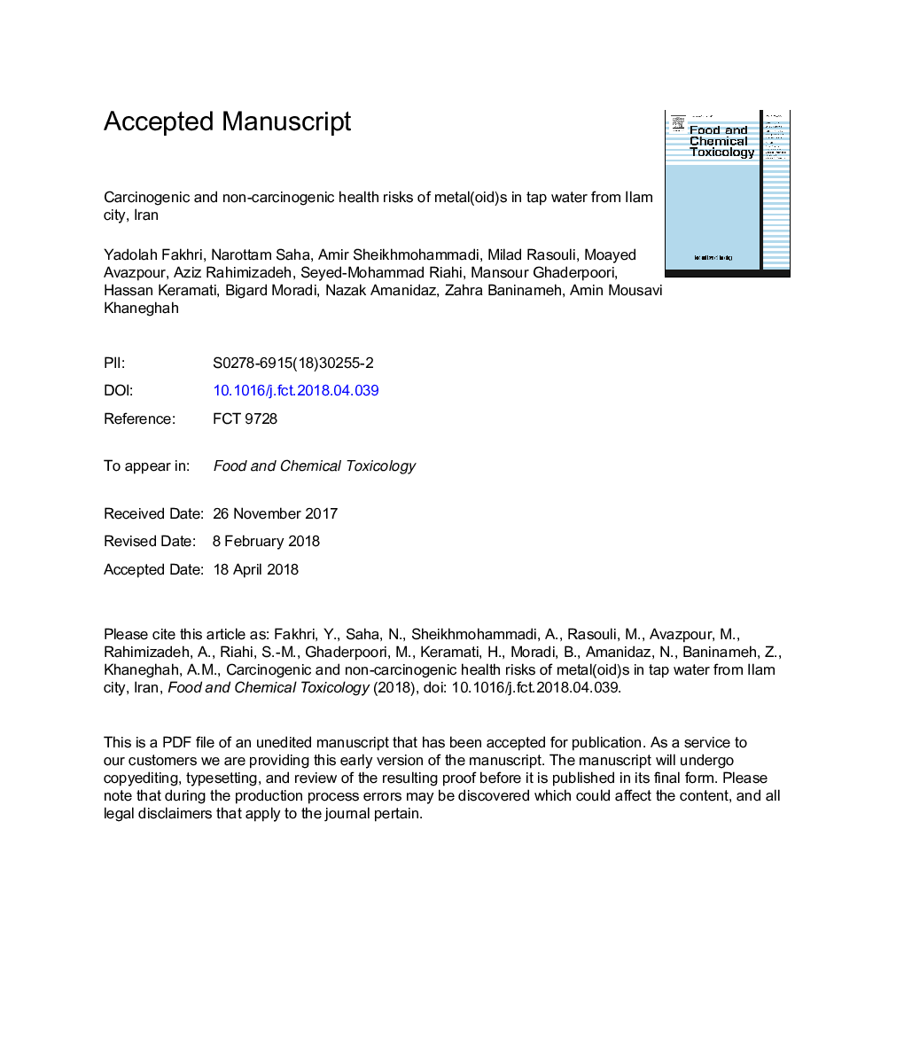 Carcinogenic and non-carcinogenic health risks of metal(oid)s in tap water from Ilam city, Iran