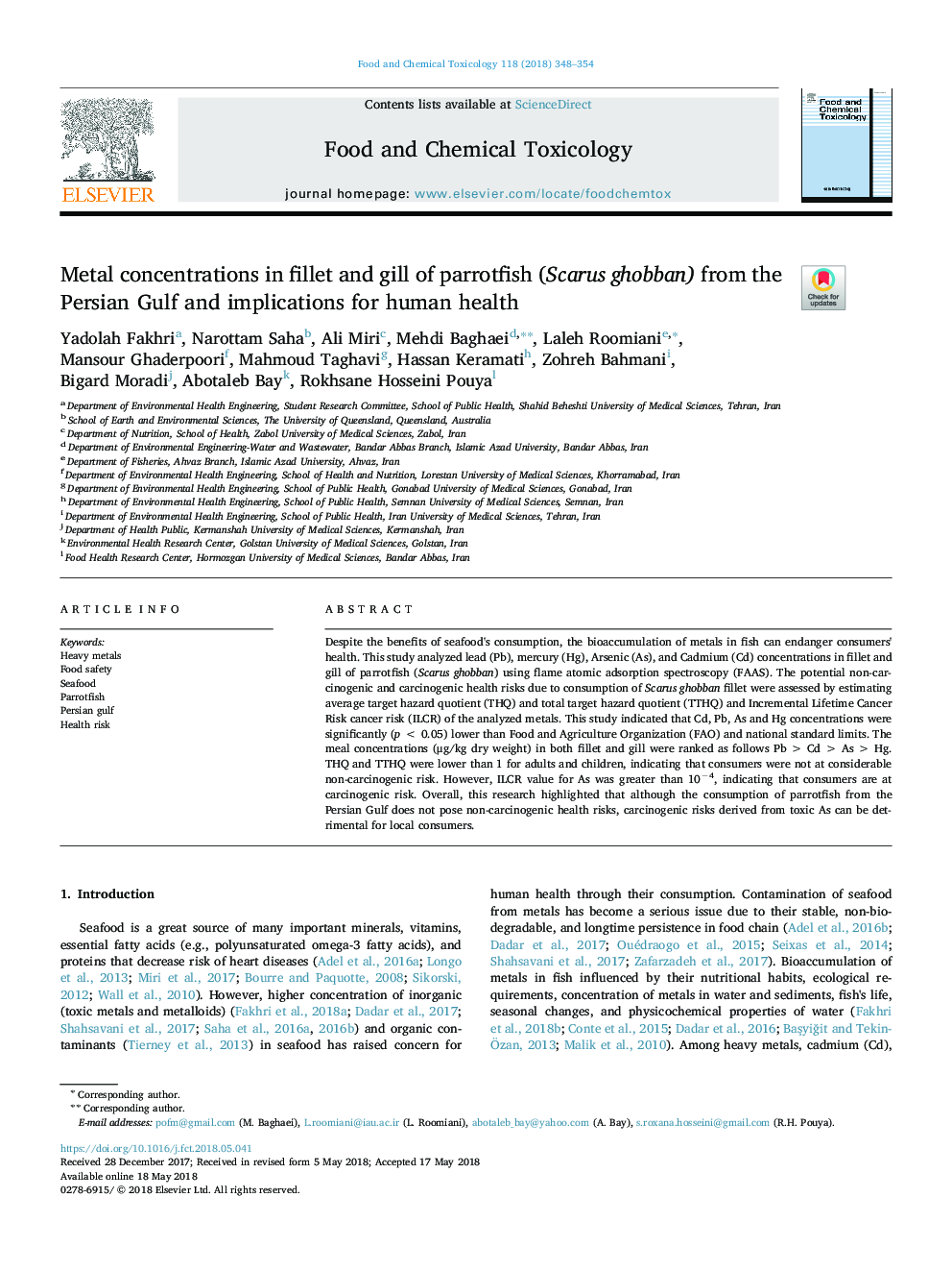 Metal concentrations in fillet and gill of parrotfish (Scarus ghobban) from the Persian Gulf and implications for human health