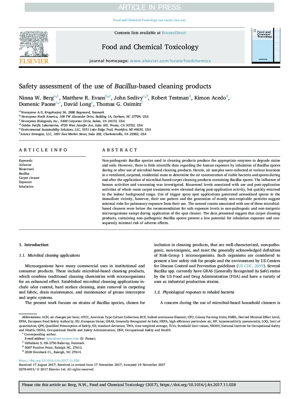 Safety assessment of the use of Bacillus-based cleaning products